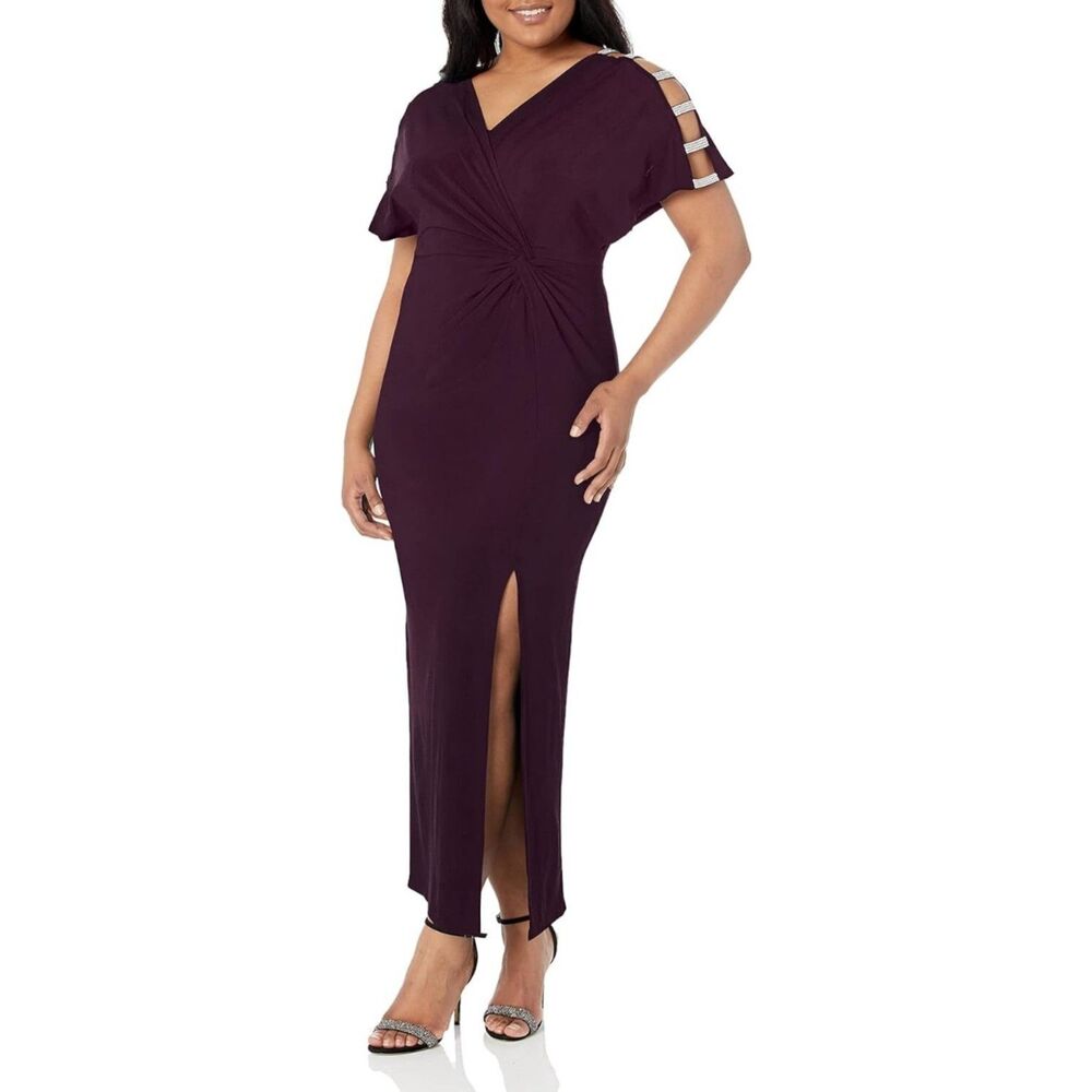Alex‎ Evenings Women's Long Knot Dress Embellished Short Sleeve, 14